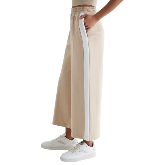 Express High Waisted Wide Leg Knit Cropped Pants Womens XL Beige Side Stripe - Picture 2 of 6